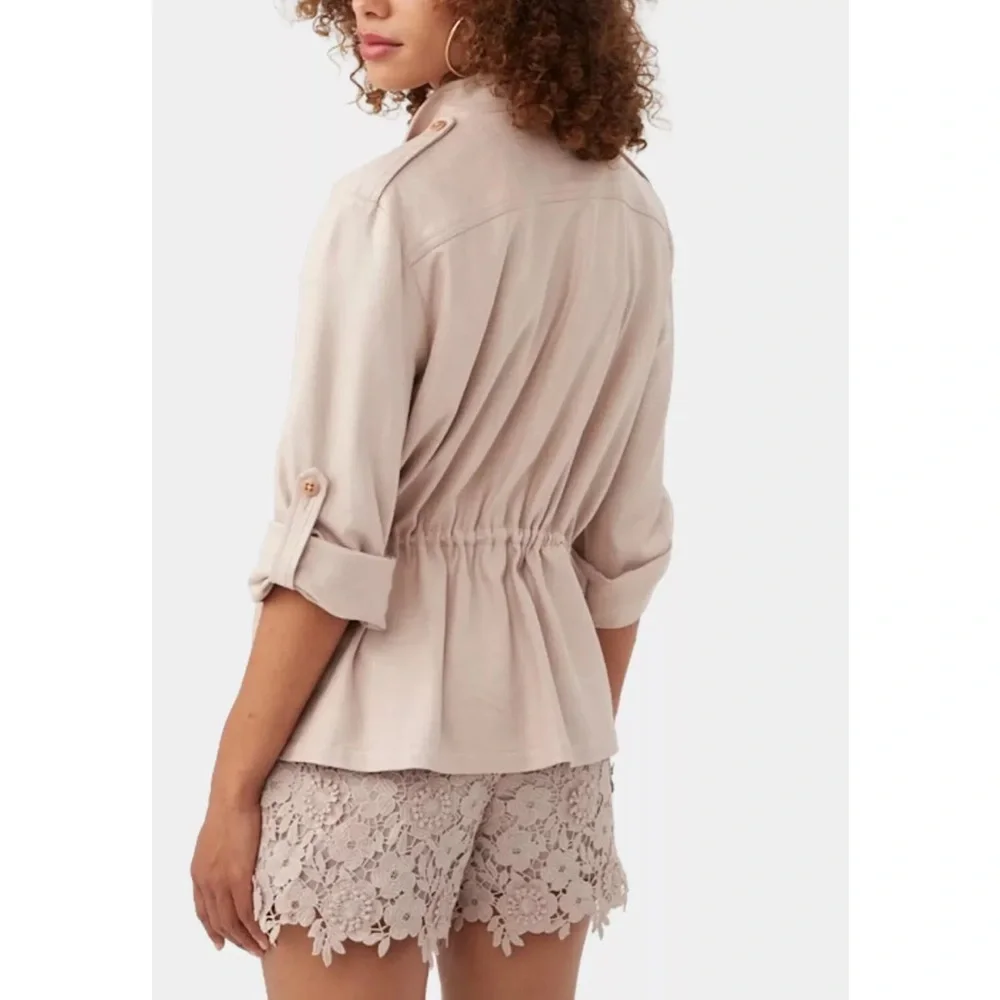 Trina Turk Full Zip Lightweight Bouyant Tunic Jacket Cinched Waist Beige Pink XS